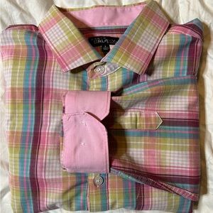 Galaxy Men’s Dress Shirt, Pink Plaid, Size Large
